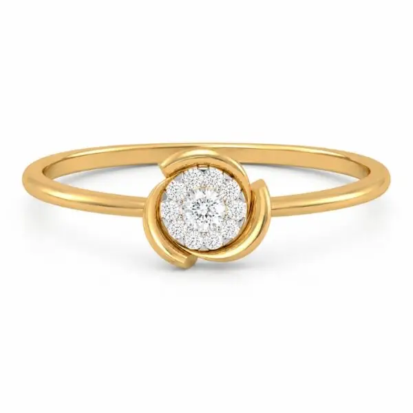Aurora petal diamond ring in 14K yellow gold with round cut diamond halo, front and angled views on white background