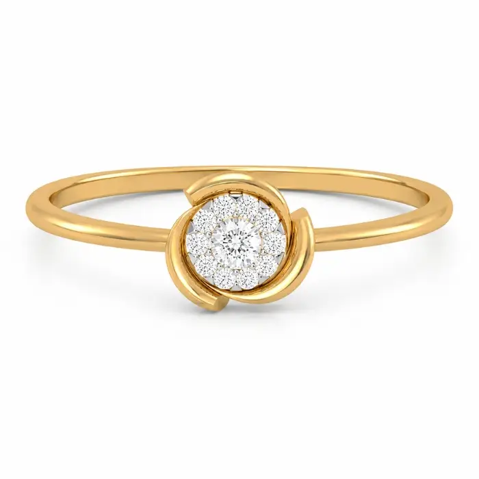 Aurora Petal Diamond Ring | 14K Yellow Gold Diamond Halo Ring Aurora petal diamond ring in 14K yellow gold with round cut diamond halo, front and angled views on white background