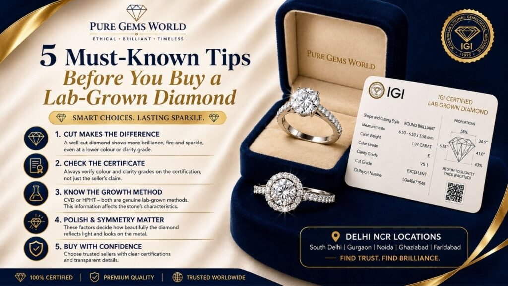 5 must-know tips before buying a lab-grown diamond featuring IGI certification, diamond rings, and expert diamond buying advice by Pure Gems World.