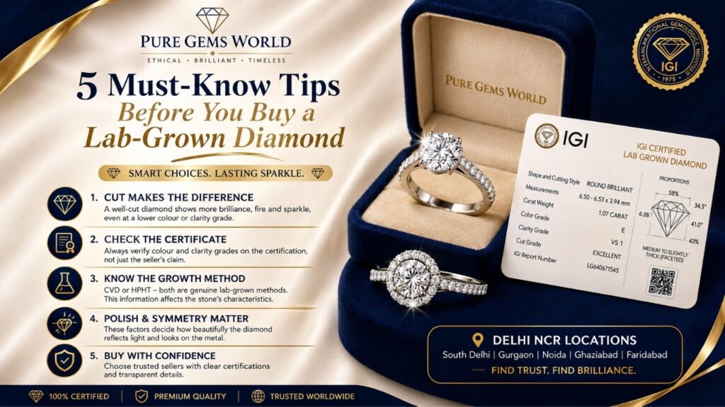 5 must-know tips before buying a lab-grown diamond featuring IGI certification, diamond rings, and expert diamond buying advice by Pure Gems World.