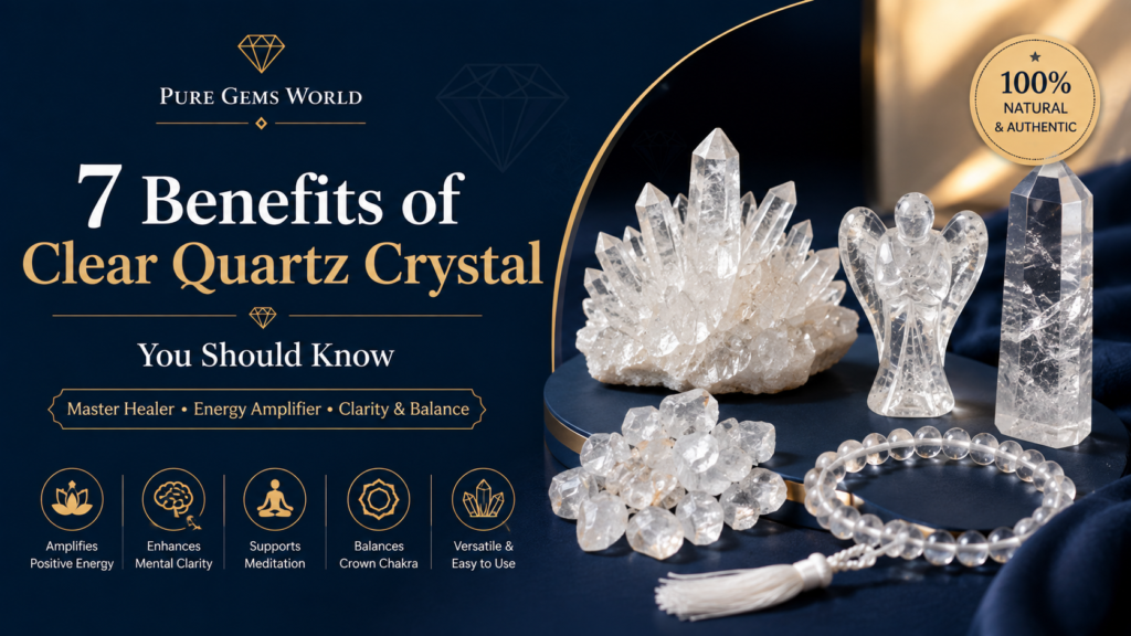 Natural Clear Quartz Crystal healing stones including raw crystal, crystal point, angel carving, and mala showcasing the benefits of Clear Quartz Crystal for meditation, energy healing, and spiritual wellness.
