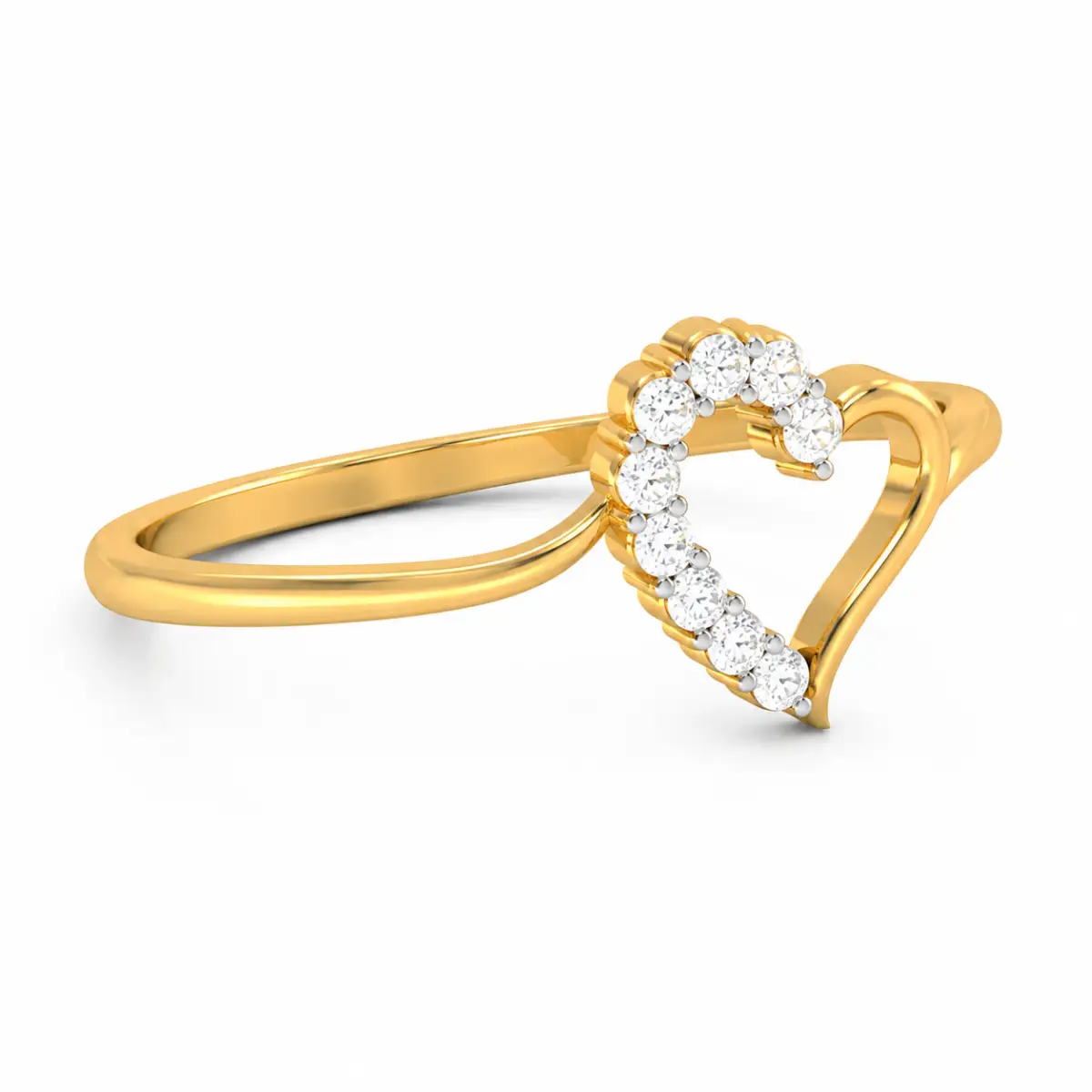 Gold heart-shaped diamond ring with sparkling round-cut diamonds on a polished yellow gold band