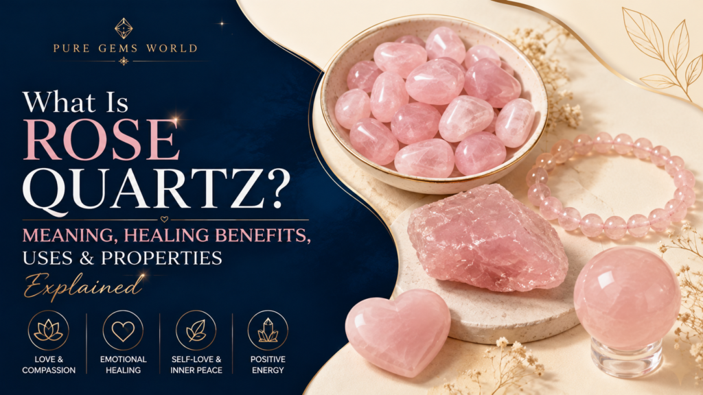 Natural Rose Quartz crystal with bracelet, mala, raw stone and polished Rose Quartz showcasing its meaning, healing benefits, uses and properties – Pure Gems World