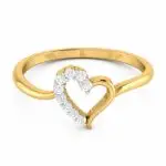 Golden yellow gold heart-shaped ring featuring a row of sparkling round-cut diamonds on a white background