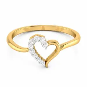 Golden yellow gold heart-shaped ring featuring a row of sparkling round-cut diamonds on a white background