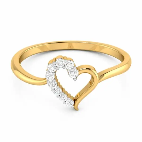 Golden yellow gold heart-shaped ring featuring a row of sparkling round-cut diamonds on a white background