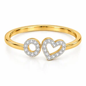 Adjustable gold ring with heart and circle design, featuring sparkling stones