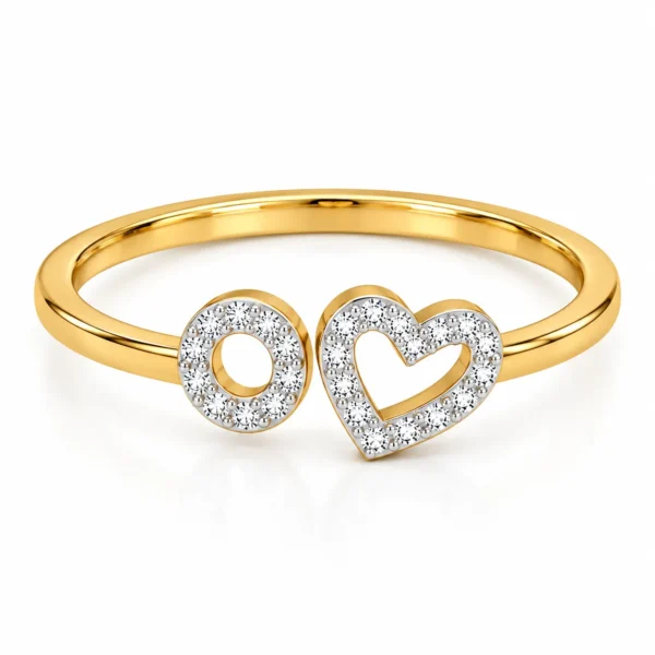 Adjustable gold ring with heart and circle design, featuring sparkling stones
