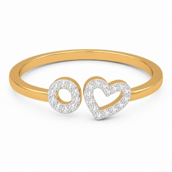 Adjustable gold ring with heart and circle design, featuring sparkling stones