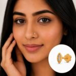 Two stone lab grown diamond (CVD) nose pin for women in yellow gold worn on model