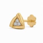Three diamond triangular gold nose pin with flower back lock angled view