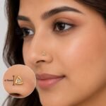 Triangular three stone lab grown diamond nose pin for women worn on model