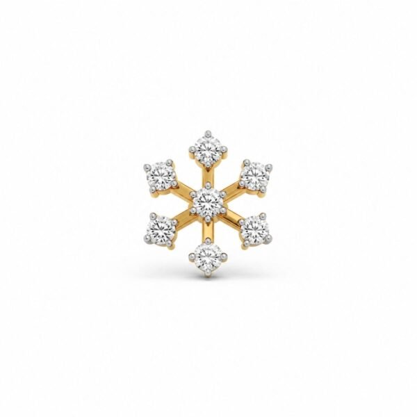 Snowflake lab grown diamond nose pin in yellow gold front view