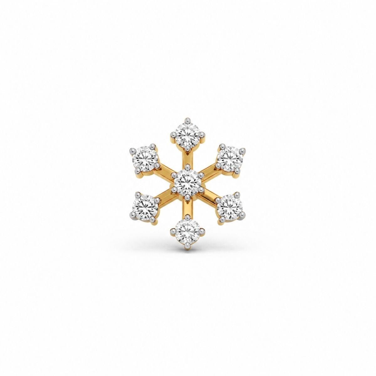 Snowflake lab grown diamond nose pin in yellow gold front view
