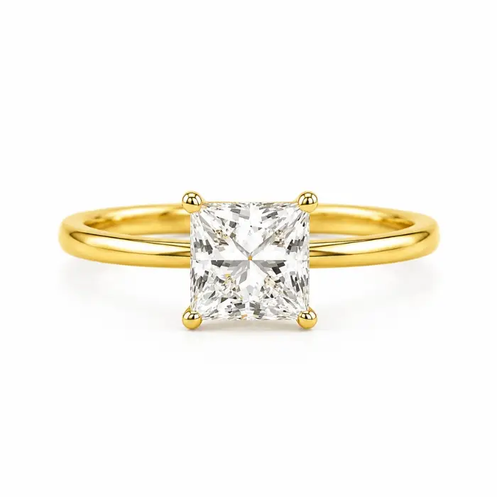 Princess Cut Diamond Ring – Elegant Yellow Gold Solitaire Princess Cut Diamond Solitaire Ring Front View in Yellow Gold