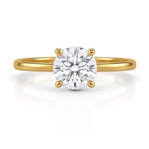Round solitaire diamond ring with polished yellow gold band front view