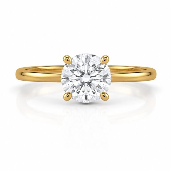 Round solitaire diamond ring with polished yellow gold band front view