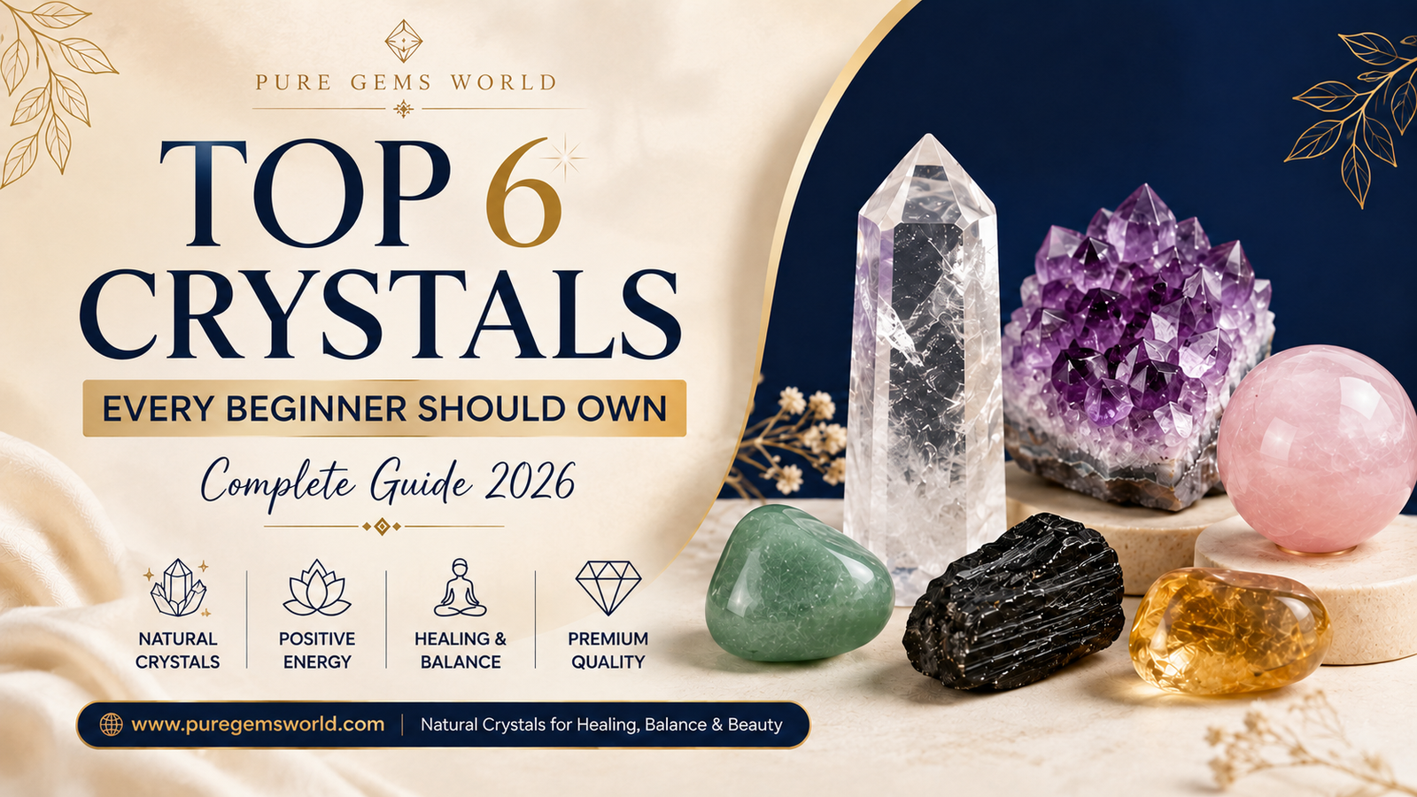 Luxury cover image featuring the Top 6 crystals every beginner should own, including Clear Quartz, Amethyst, Rose Quartz, Green Aventurine, Black Tourmaline, and Citrine, with Pure Gems World branding.