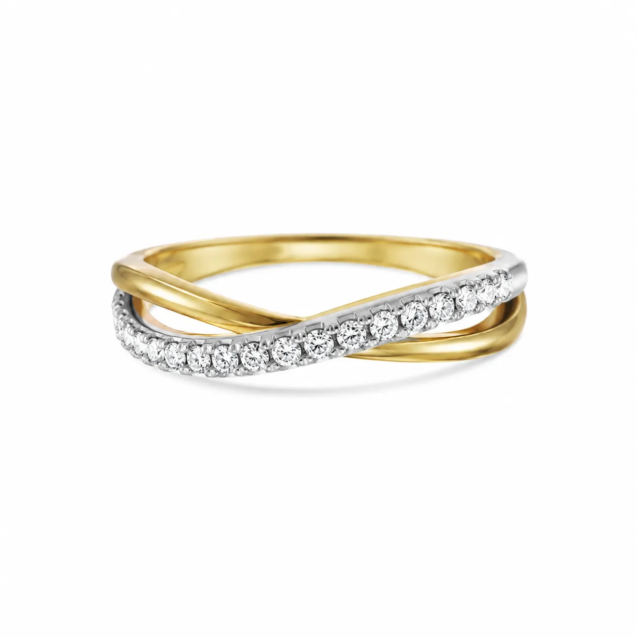 Two Tone Infinity Diamond Crossover Ring (5) Two Tone Infinity Diamond Crossover Ring featuring sparkling lab-grown diamonds in an elegant infinity-inspired crossover design crafted in dual-tone gold.