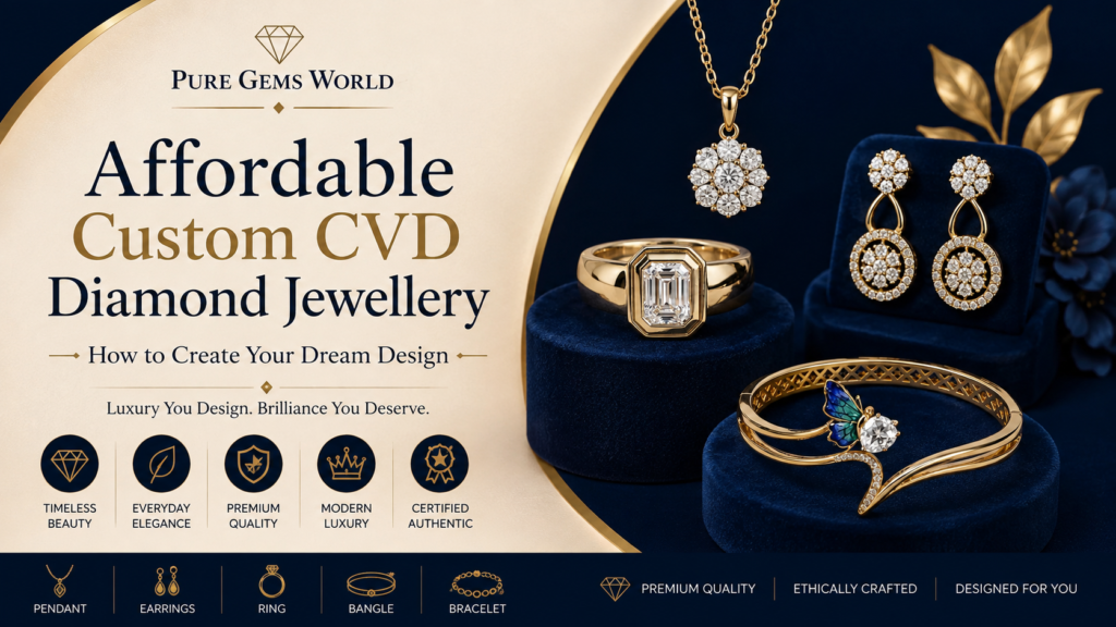 Affordable Custom CVD Diamond Jewellery featuring lab grown diamond rings, necklace set, earrings and diamond bangle by Pure Gems World. Design your own certified diamond jewellery in India.