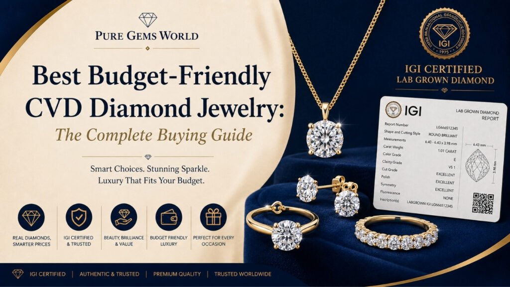 Best Budget-Friendly CVD Diamond Jewelry buying guide featuring IGI Certified lab-grown diamond ring, pendant, earrings, and bracelet from Pure Gems World.
