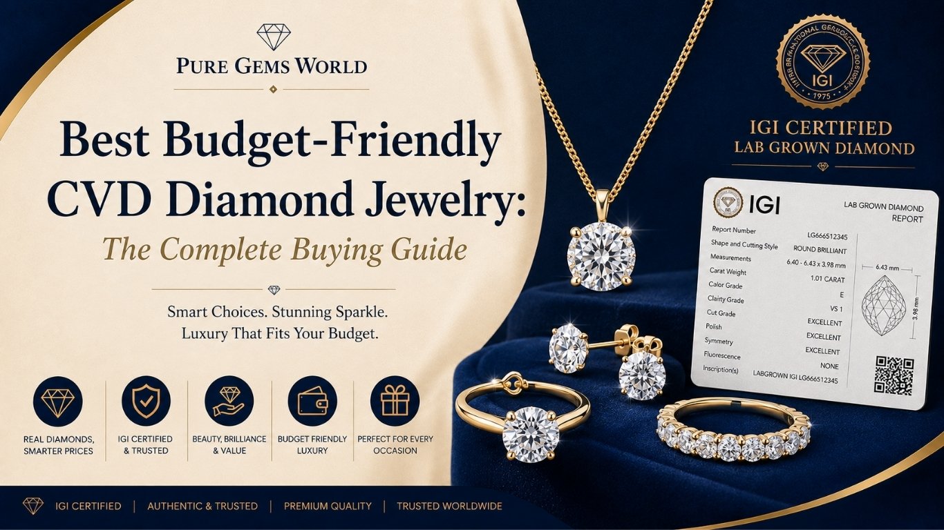 Best Budget-Friendly CVD Diamond Jewelry buying guide featuring IGI Certified lab-grown diamond ring, pendant, earrings, and bracelet from Pure Gems World.