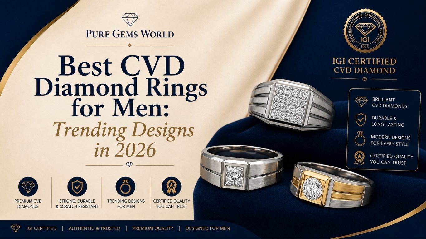 Best CVD diamond rings for men featuring modern IGI certified lab grown diamond ring designs for 2026 by Pure Gems World.