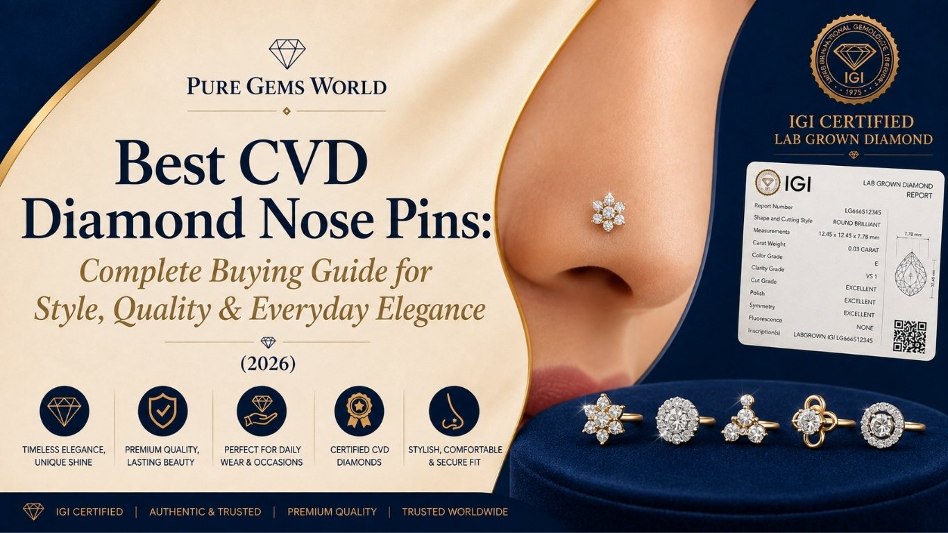 Best CVD Diamond Nose Pins buying guide featuring IGI certified lab grown diamond nose pins, elegant daily wear designs, certification card and premium collection by Pure Gems World.