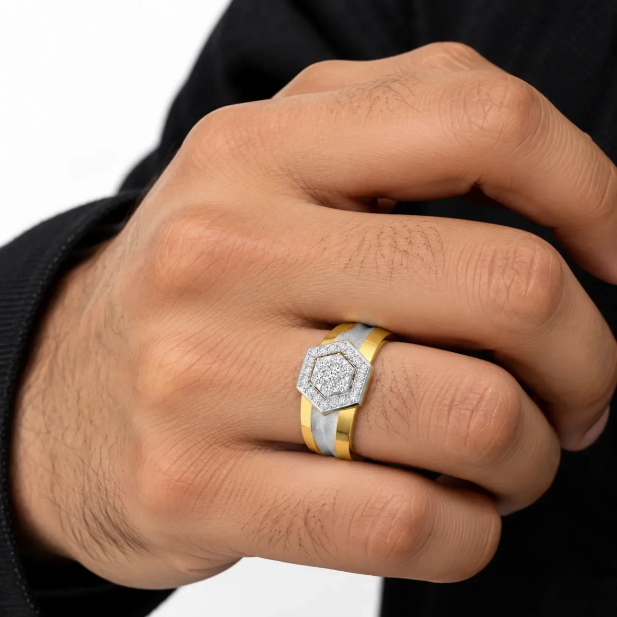 Signature Hexagon Lab Grown Diamond Gold Ring for Men on Hand