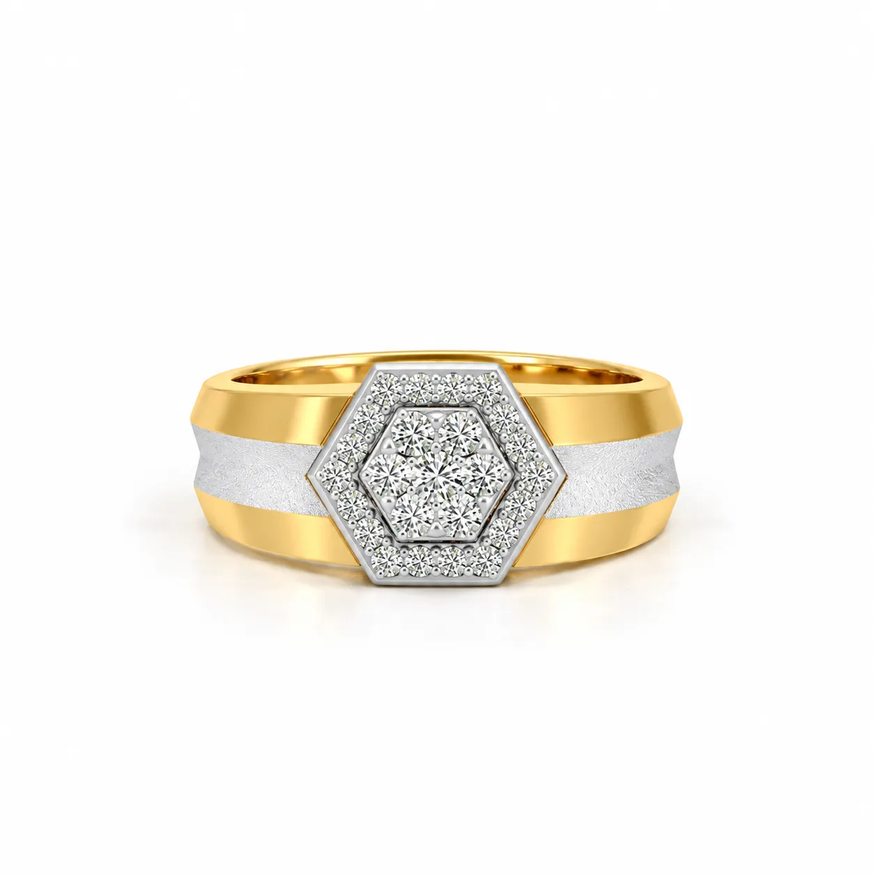 Signature Hexagon Lab Grown Diamond Yellow Gold Ring for Men Front View
