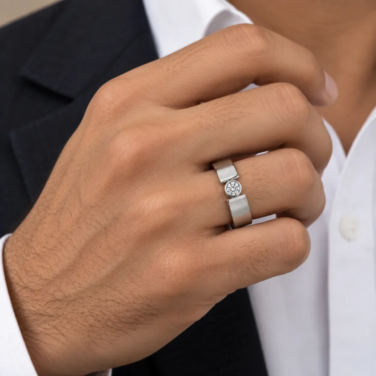 Male model wearing Aurex Orbit Lab Grown Diamond Men’s Ring