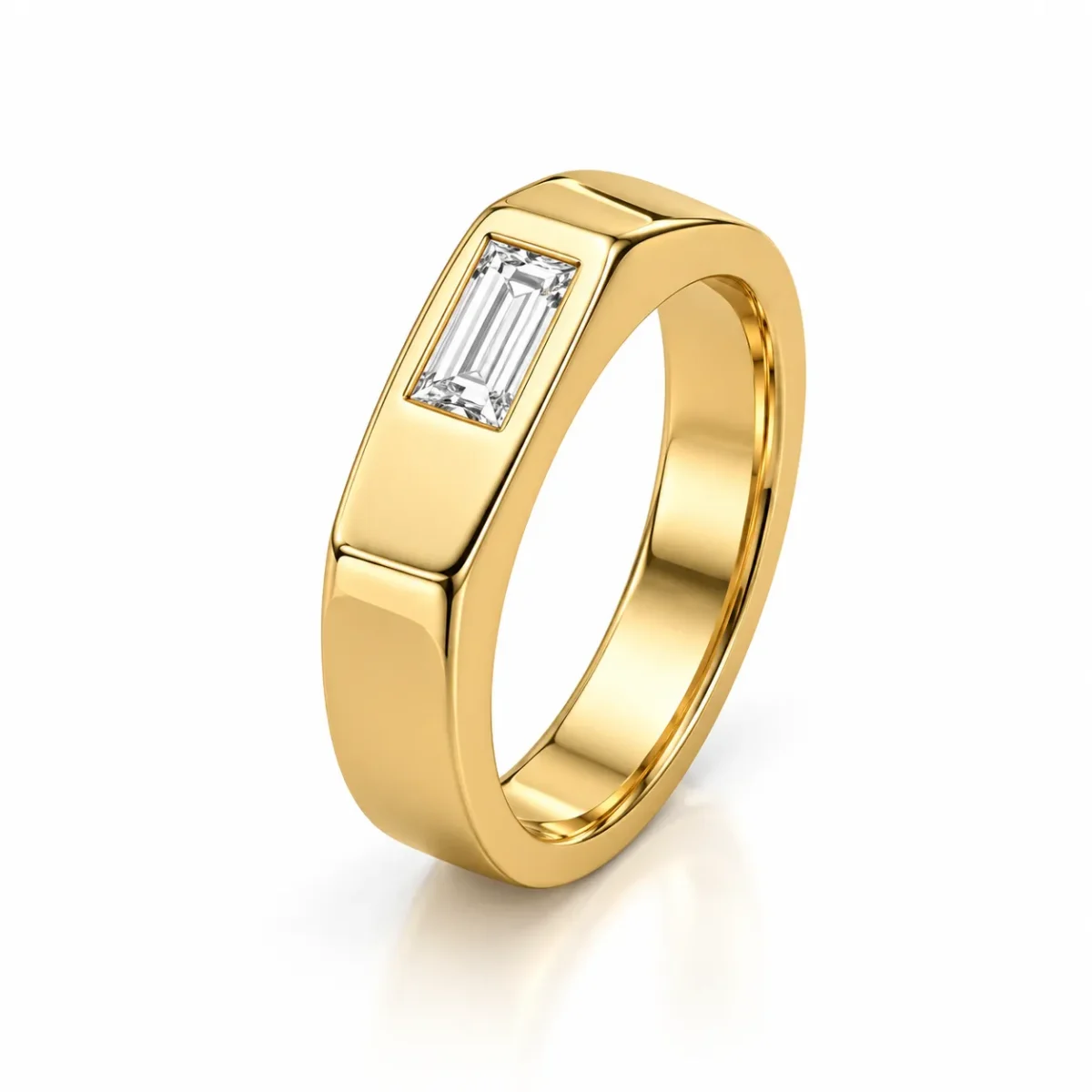 Yellow gold Baguette Lab Grown Diamond Men’s Ring standing angled view