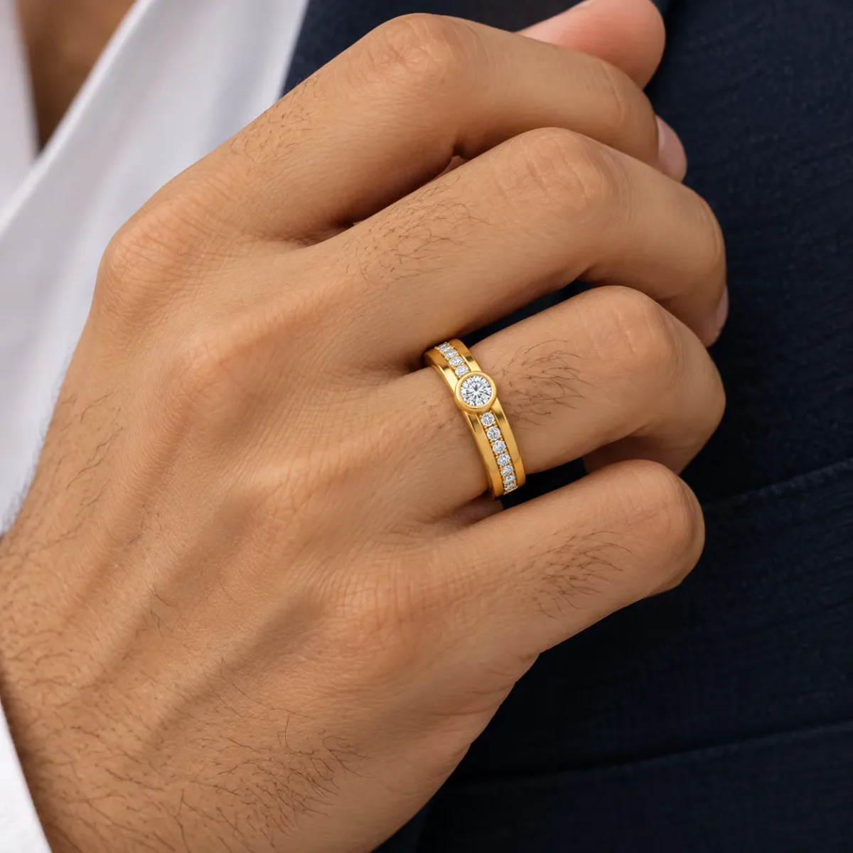 Solitaire Bezel Lab Grown Diamond Ring for Men on Male Hand