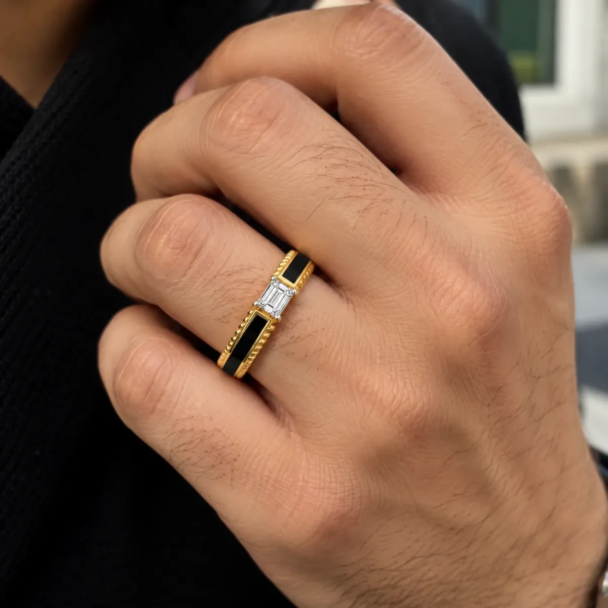 Black Elegance Emerald Cut Lab Grown Diamond Ring for Men on Male Hand