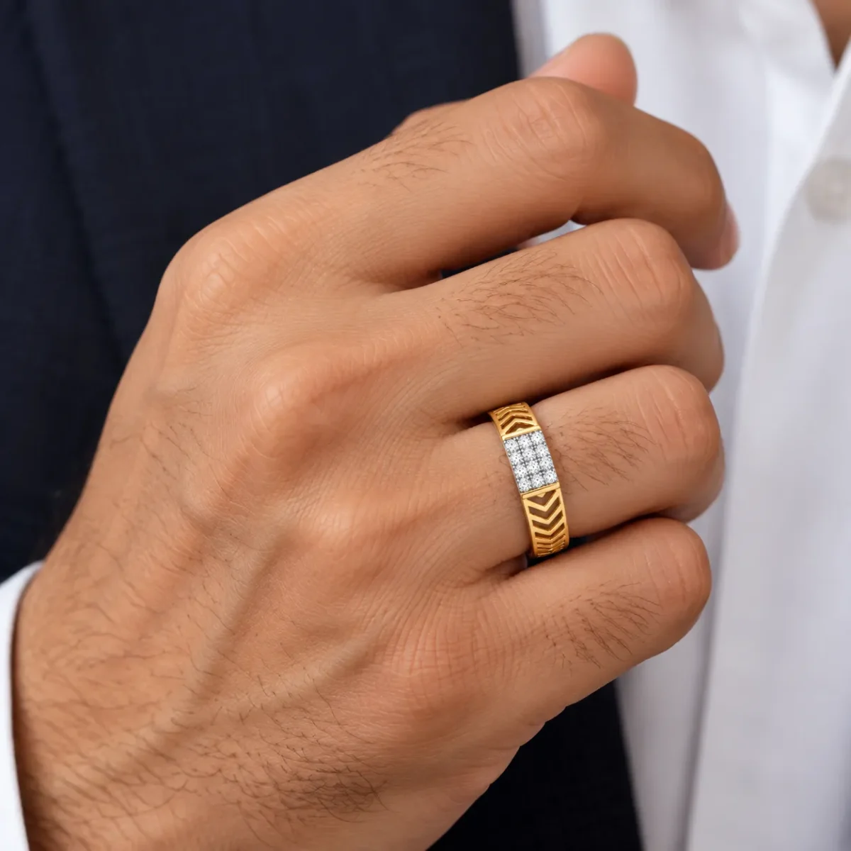 Bold Chevron Lab Grown Diamond Gold Ring for Men on male model hand