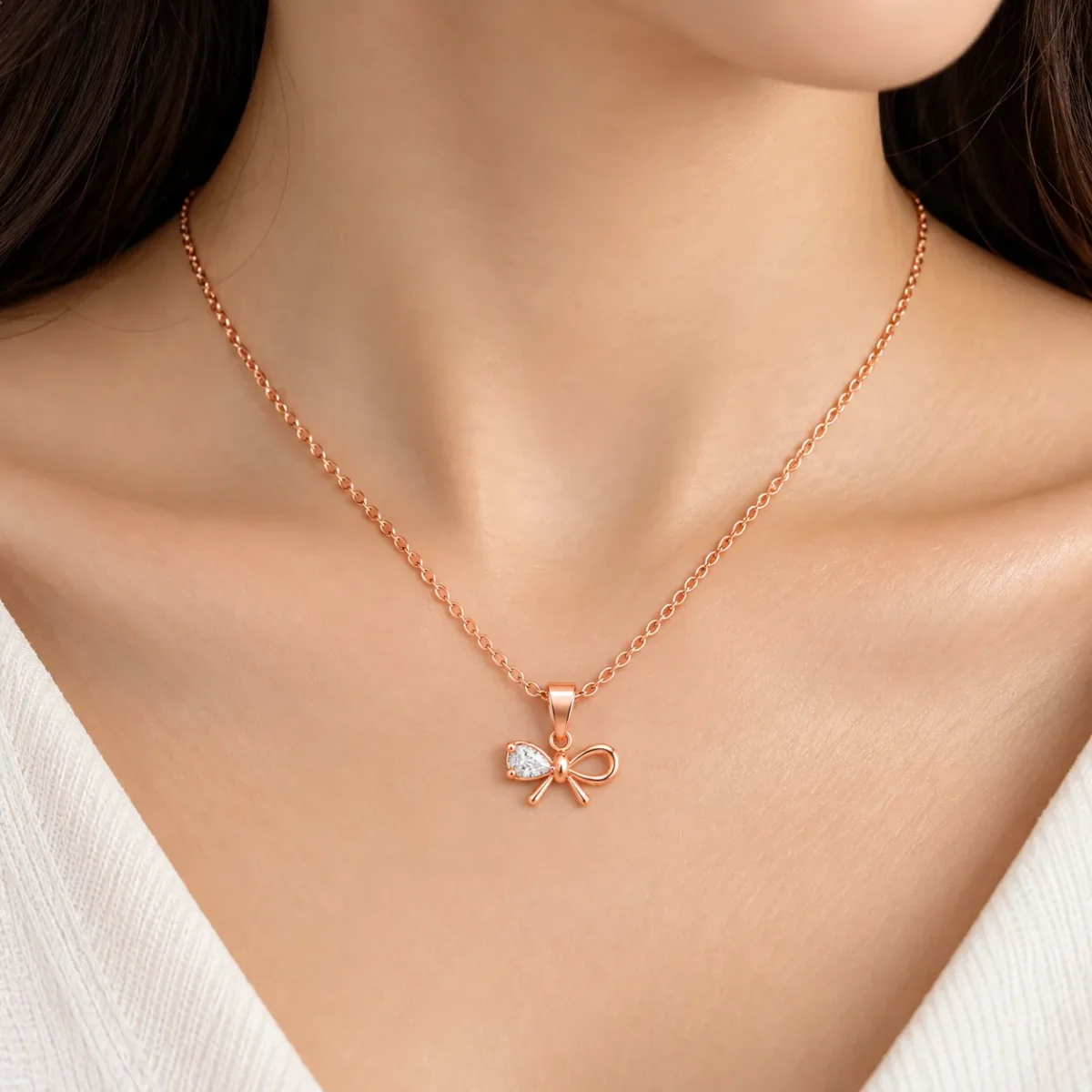 Elegant Bow Design Lab Grown Diamond Pendant with Pear Shaped Diamond in 18KGold for Women - Image 2