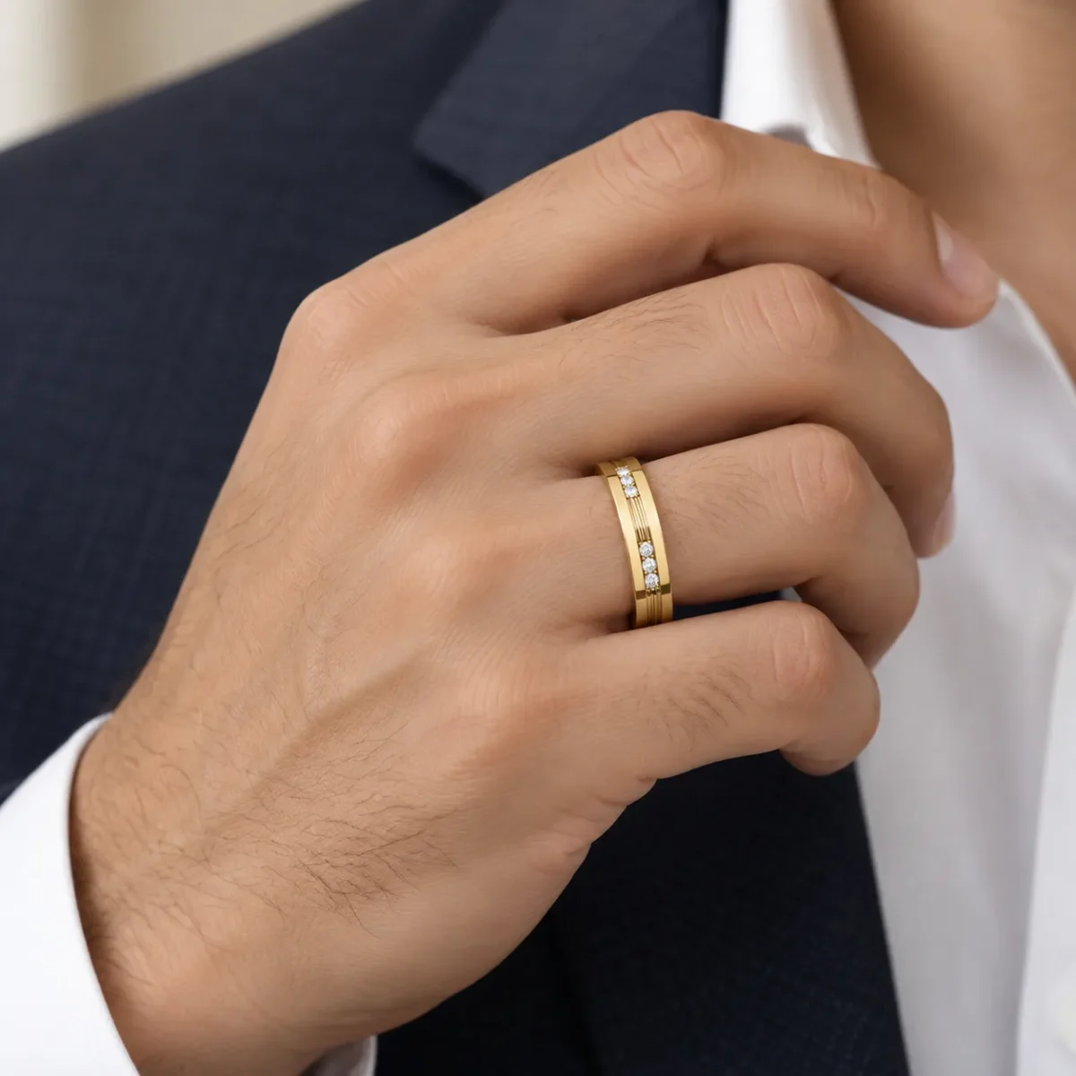 Classic Twin Diamond Men’s Band in yellow gold worn on male model hand