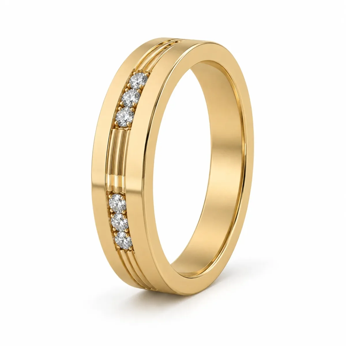 Classic Twin Diamond Men’s Band yellow gold angled view with round lab grown diamonds