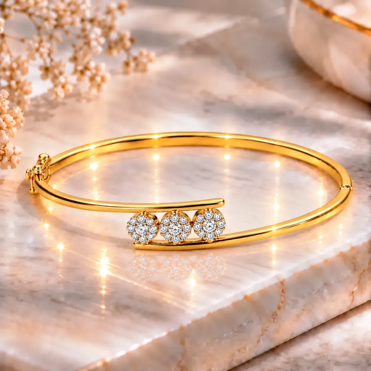 Elegant 18K Triple Floral Halo Lab Grown Diamond Gold Bracelet for Women - Image 3