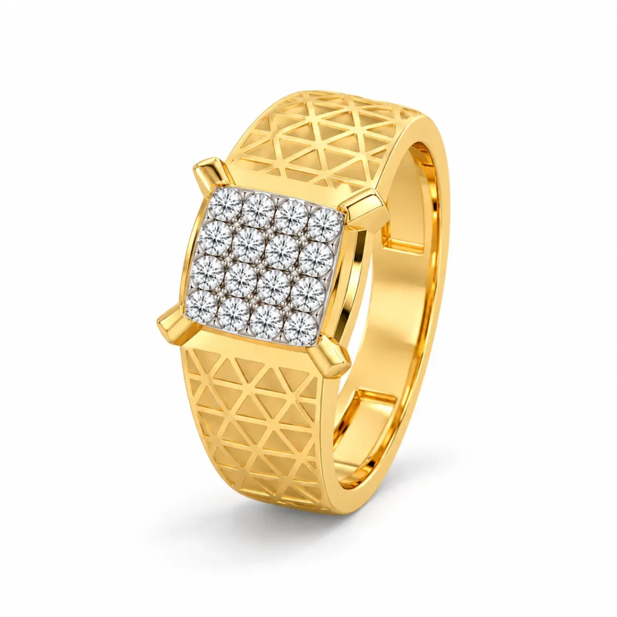 Royal Grid lab grown diamond engagement ring for men in yellow gold angled view