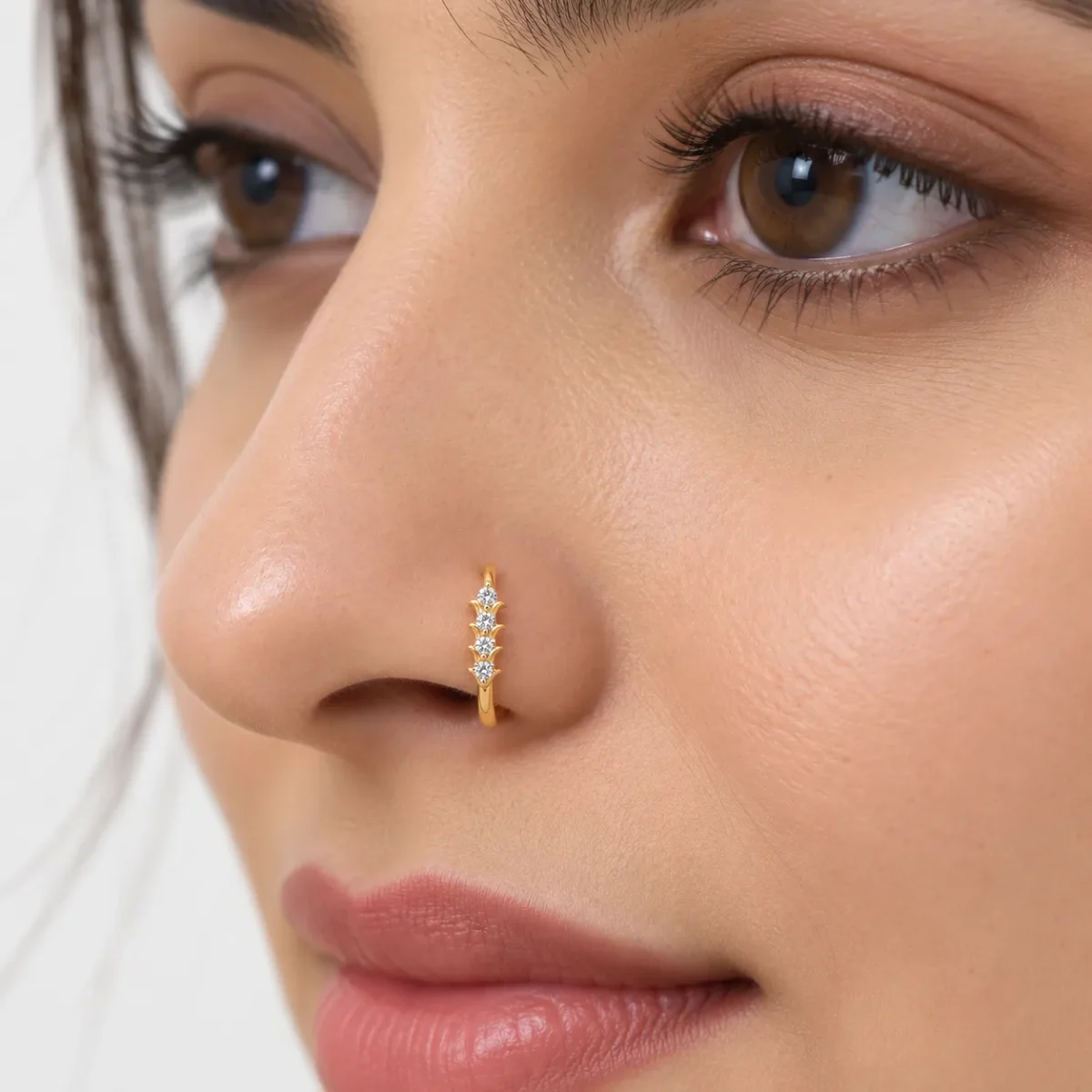 Lily Drop Lab Grown Diamond Nose Ring worn by woman in yellow gold