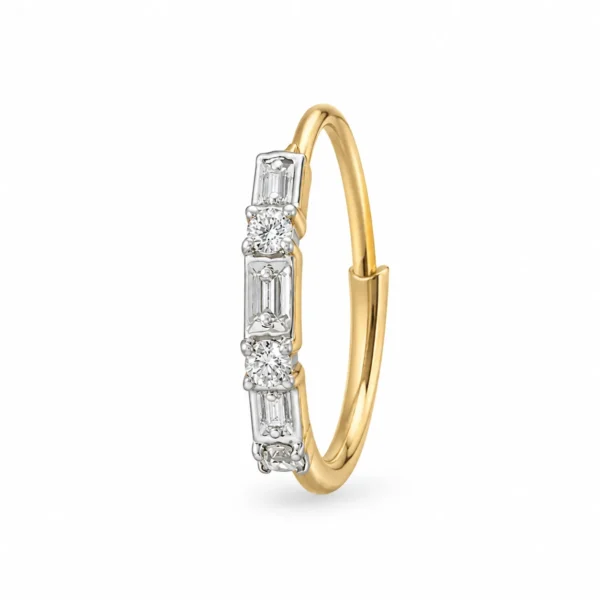 Linear Luxe Lab Grown Diamond Nose Ring Side View in Yellow Gold