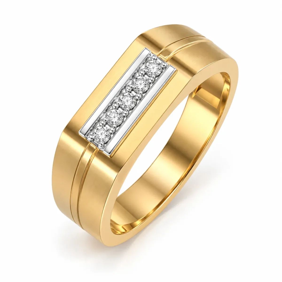 Linear Spark Men’s Lab Grown Diamond Ring Yellow Gold Angled View