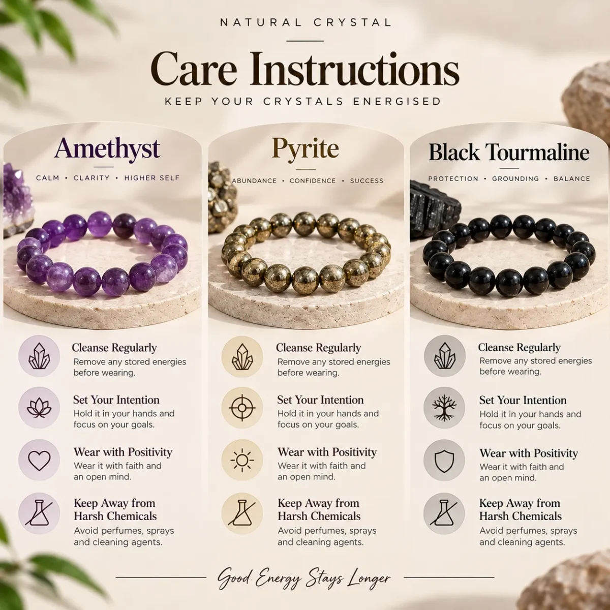 Natural Crystal Bracelet Combo Set of 3 – Amethyst, Pyrite & Black Tourmaline with Free Selenite Plate - Image 6