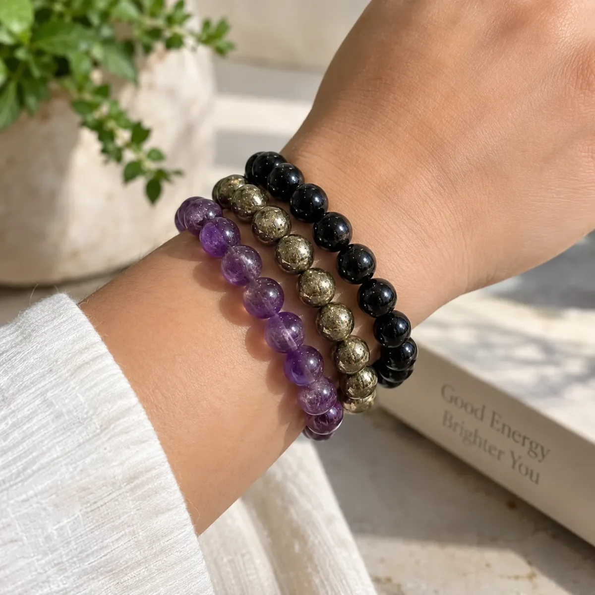 Natural Crystal Bracelet Combo Set of 3 – Amethyst, Pyrite & Black Tourmaline with Free Selenite Plate - Image 7