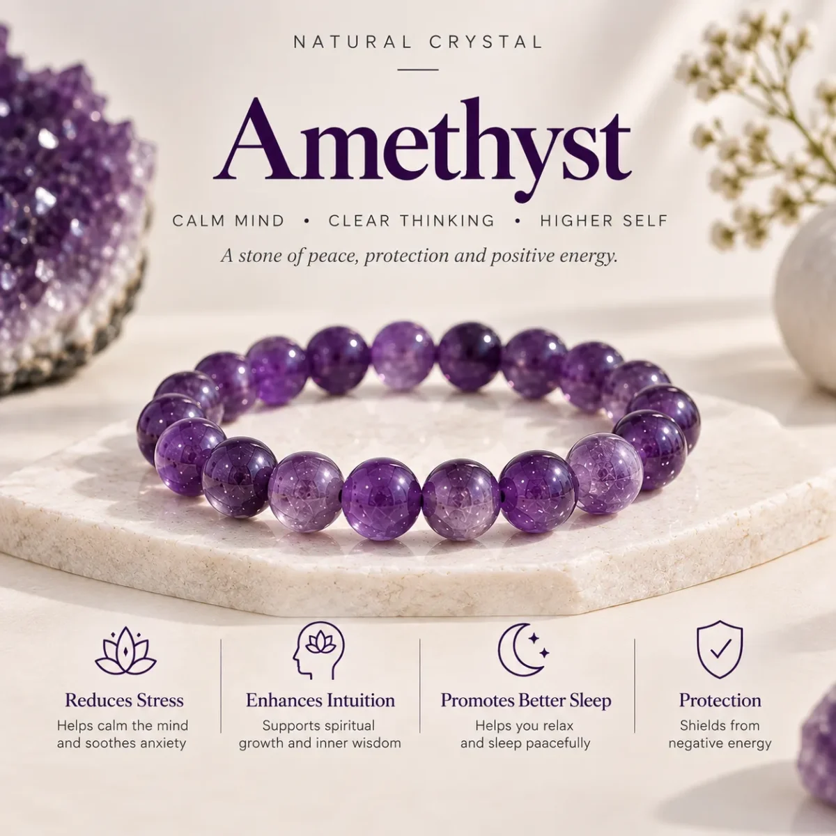 Natural Crystal Bracelet Combo Set of 3 – Amethyst, Pyrite & Black Tourmaline with Free Selenite Plate - Image 2