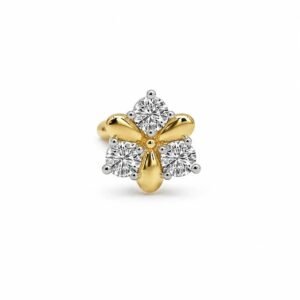 Three Stone Floral Lab Grown Diamond Gold Nose Pin Front View