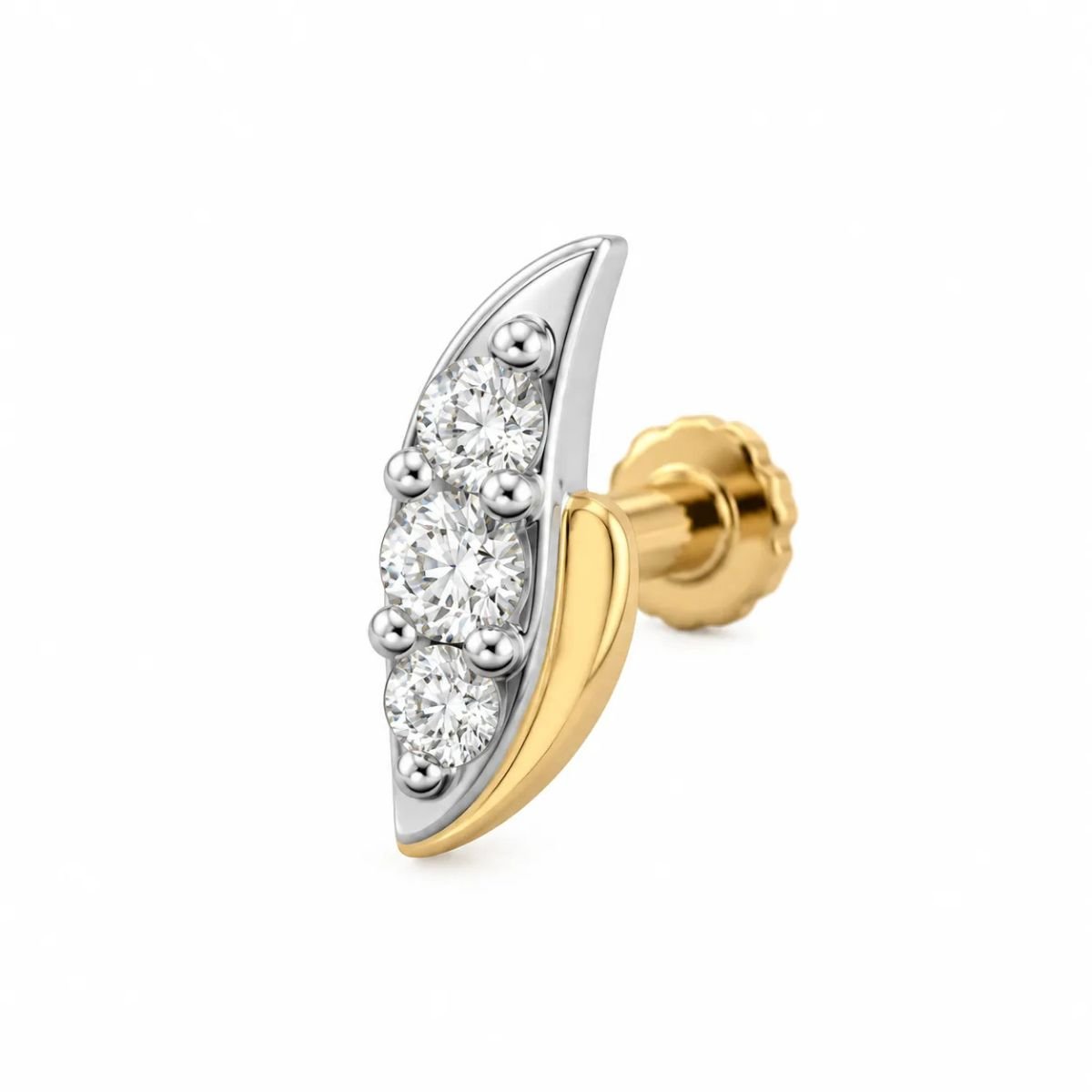 Two Tone Three Diamond Nose Pin – Angled View Two Tone Three Diamond Nose Pin Angled Product View