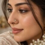 Gold Diamond Flower Nose Pin on Woman Nose