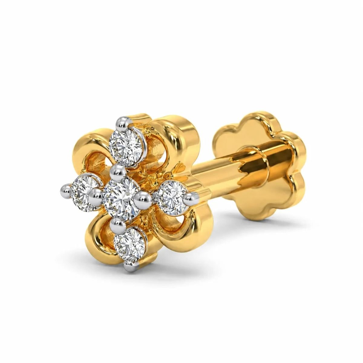 Gold Diamond Flower Nose Pin Side Angle with Screw Back